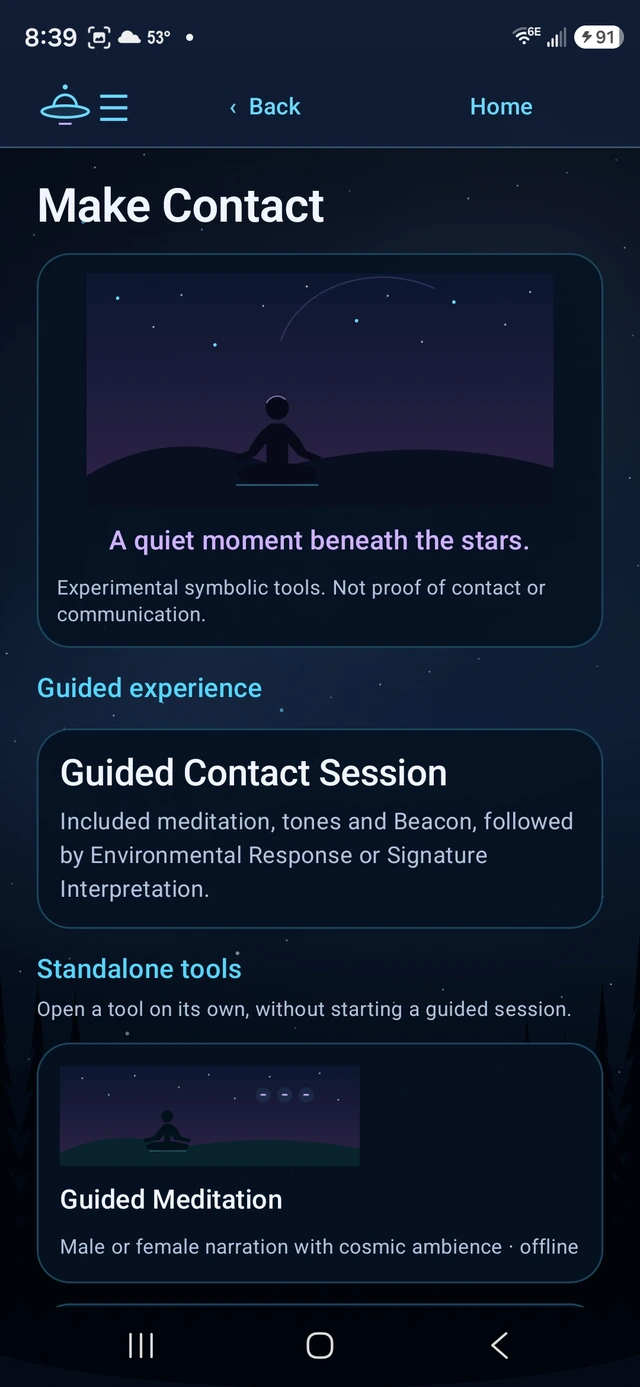 Signal Contact Make Contact page with Guided Contact Session and Guided Meditation options