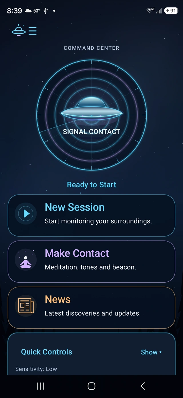 Signal Contact Home Command Center with New Session, Make Contact, and News actions