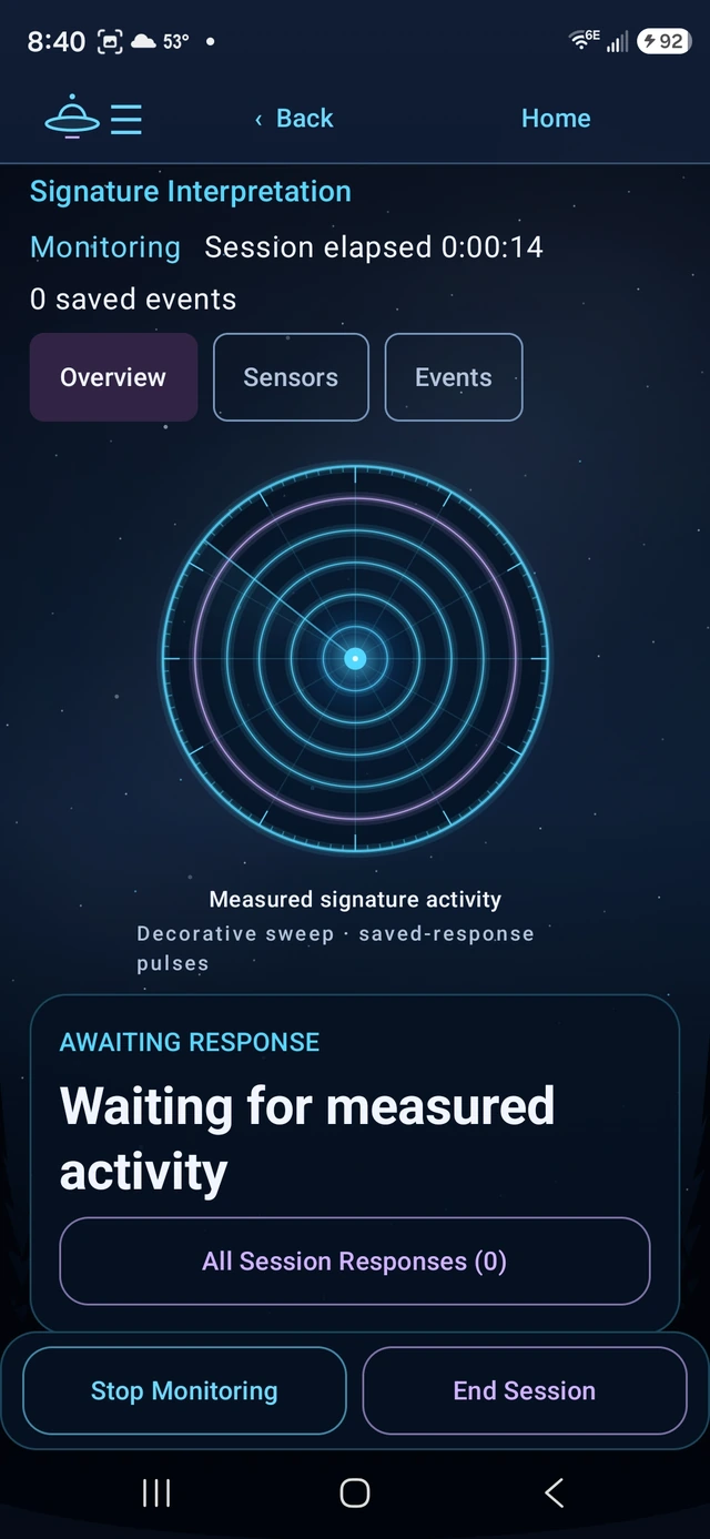 Signal Contact Signature Interpretation live monitoring overview with activity radar and response panel