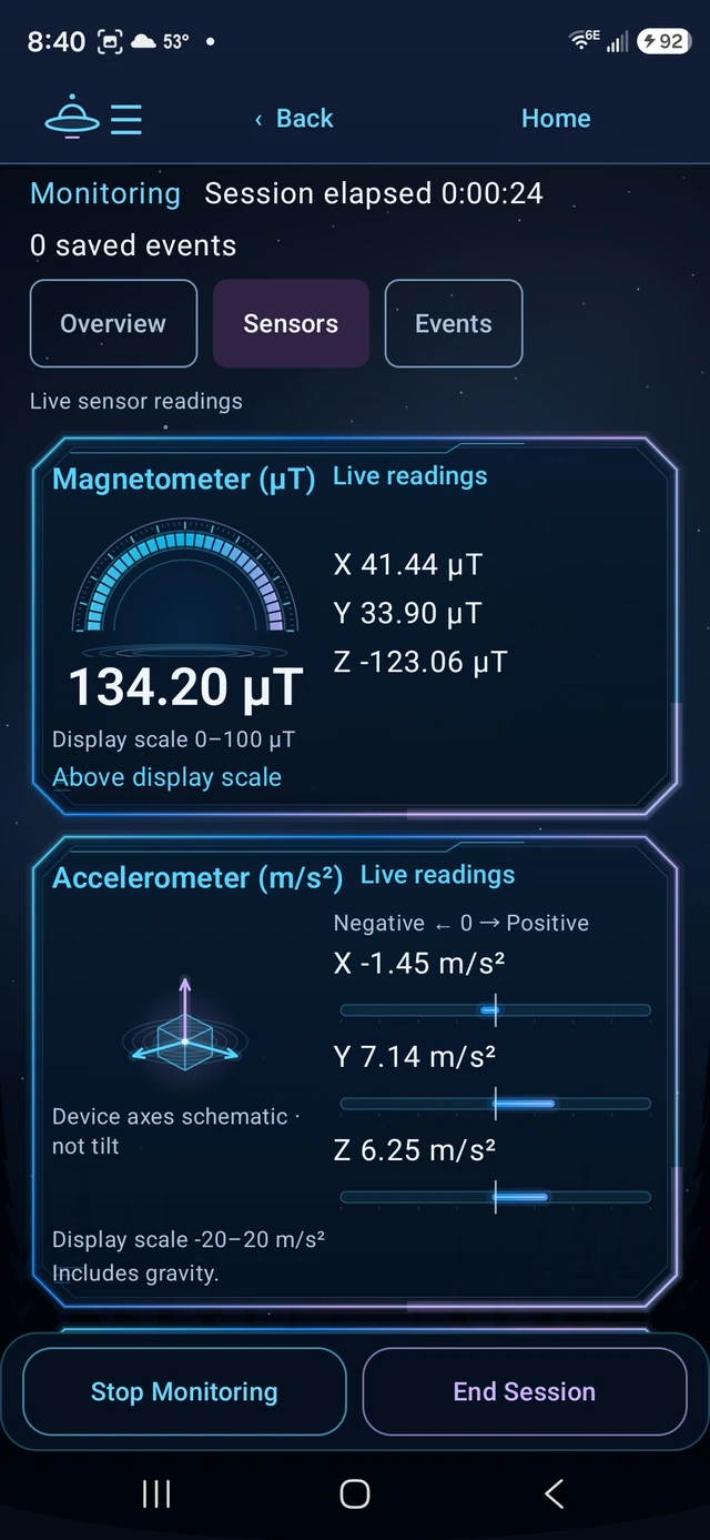 Signal Contact Live Sensors Dashboard showing magnetometer and accelerometer readings